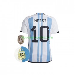 Camisolas Argentina Messi 10 3 Stars Homem Casa Copa do Mundo 2022 Manga Curta