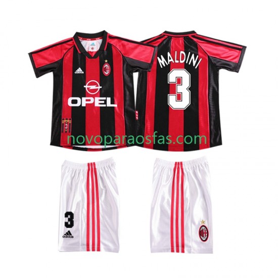 Camisolas AC Milan MALDINI 3 Retro Criança Casa 1998 1999 Manga Curta
