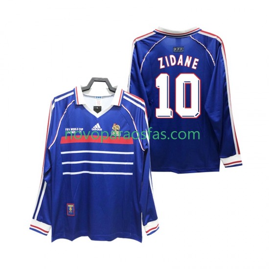 Camisolas França ZIDANE 10 Retro Homem Casa 1998 Manga Comprida