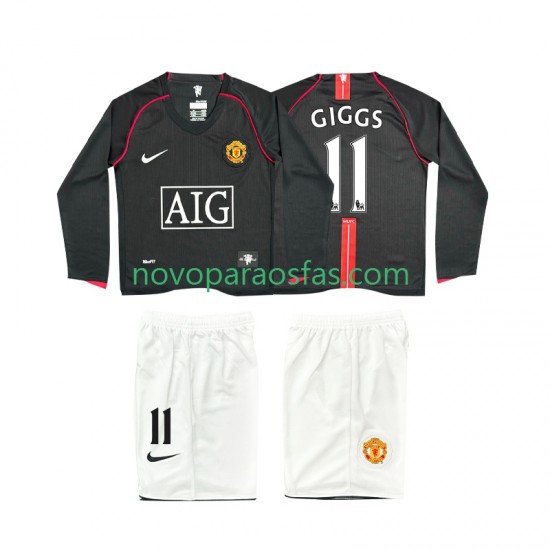 Camisolas Manchester United GIGGS 11 2007 Retro Criança Visitante 2008 Manga Comprida