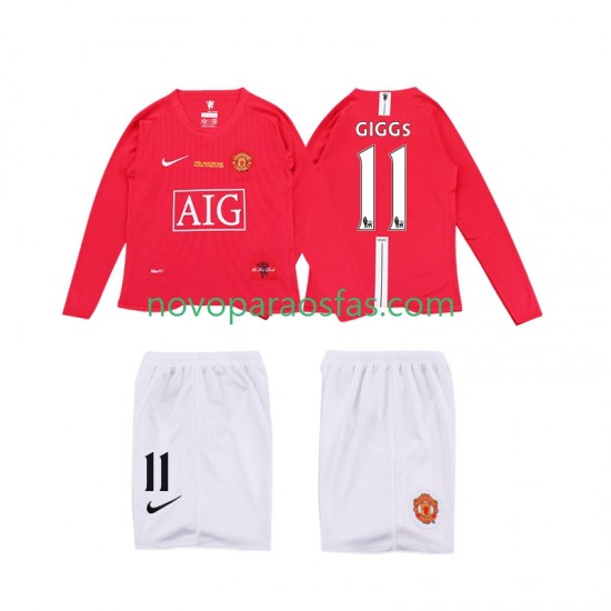 Camisolas Manchester United GIGGS 11 Premier League 2009 Retro Criança Casa 2008 Manga Comprida
