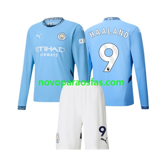 Camisolas Manchester City Erling Haaland 9 Criança Casa 2024-2025 Manga Comprida