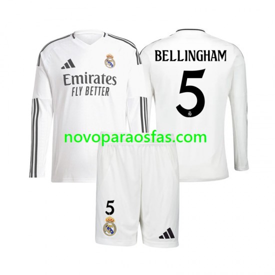 Camisolas Real Madrid Jude Bellingham 5 Criança Casa 2024-2025 Manga Comprida