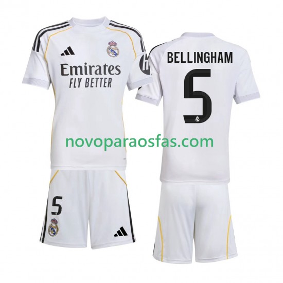 Camisolas Real Madrid Jude Bellingham 5 Criança Casa 2025-2026 Manga Curta
