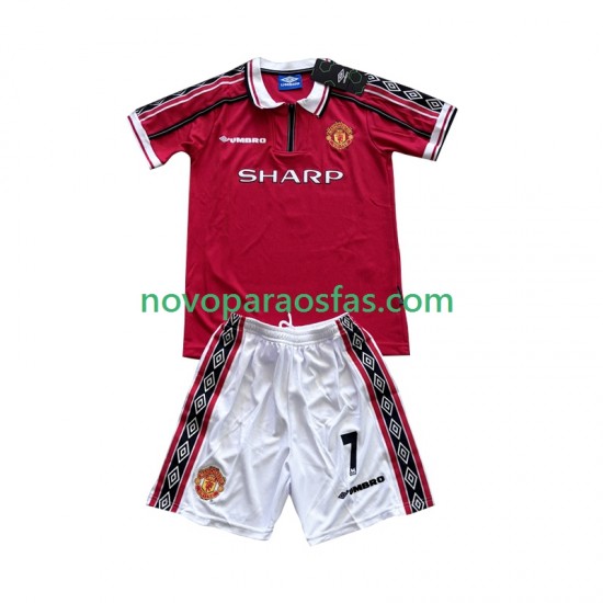 Camisolas Manchester United Beckham 7 Retro Criança Casa 1998 1999 Manga Curta