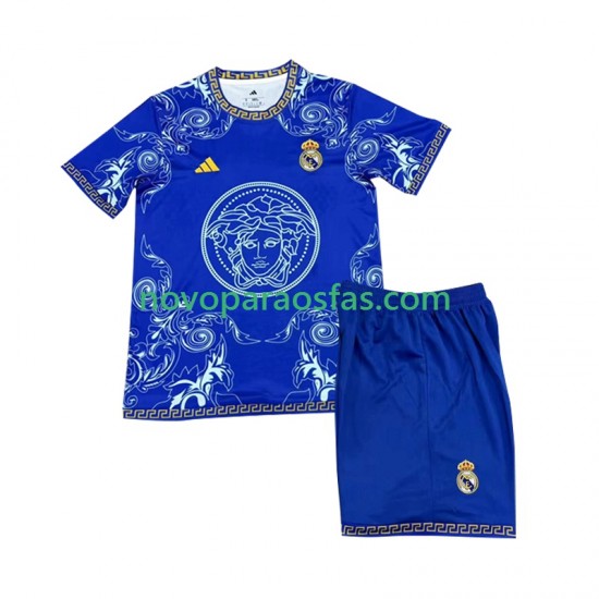 Camisolas Real Madrid Versace Blue Edition Criança Casa 2024-2025 Manga Curta