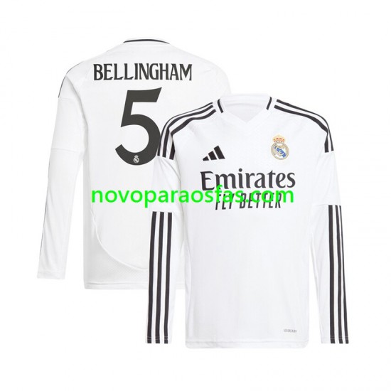 Camisolas Real Madrid Jude Bellingham 5 Homem Casa 2024-2025 Manga Comprida