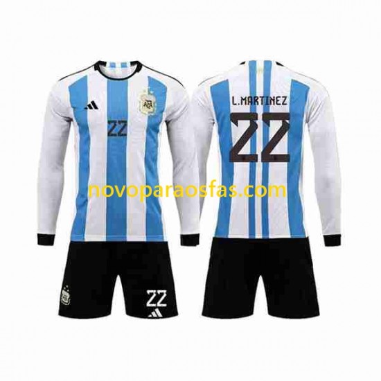Camisolas Argentina 3 Stars Lautaro Martinez 22 Criança Casa Copa do Mundo 2022 Manga Comprida