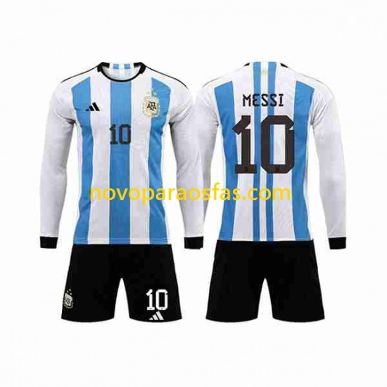 Camisolas Argentina 3 Stars Lionel Messi 10 Criança Casa Copa do Mundo 2022 Manga Comprida