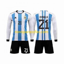 Camisolas Argentina 3 Stars Paulo Dybala 21 Criança Casa Copa do Mundo 2022 Manga Comprida
