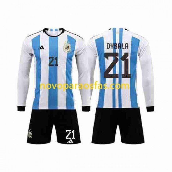 Camisolas Argentina 3 Stars Paulo Dybala 21 Criança Casa Copa do Mundo 2022 Manga Comprida