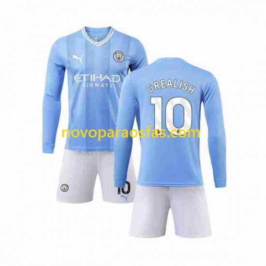 Camisolas Manchester City Grealish 10 Criança Casa 2023-2024 Manga Comprida