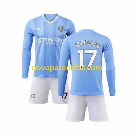 Camisolas Manchester City Kevin De Bruyne 17 Criança Casa 2023-2024 Manga Comprida