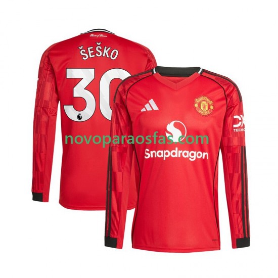 Camisolas Manchester United Benjamin Sesko 30 Homem Casa 2025-2026 Manga Comprida