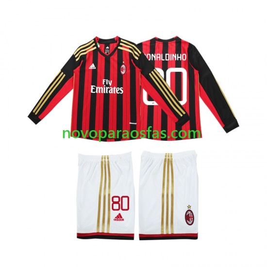 Camisolas AC Milan RONALDINHO 80 2013 2014 Retro Criança Casa Manga Comprida