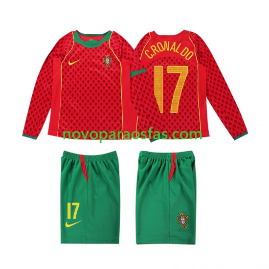 Camisolas Portugal Cristiano Ronaldo 17 Retro Criança Casa 2004 Manga Comprida