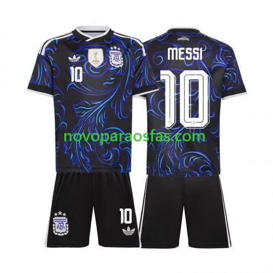 Camisolas Argentina Lionel Messi 10 Criança Visitante Copa do Mundo 2026 Manga Curta