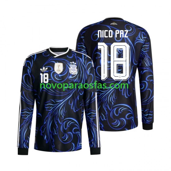 Camisolas Argentina Nico Paz 18 Homem Visitante Copa do Mundo 2026 Manga Comprida