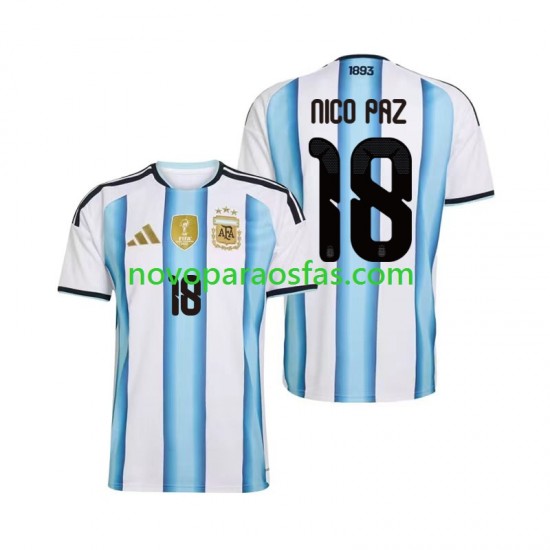 Camisolas Argentina Nico Paz 18 Homem Casa Copa do Mundo 2026 Manga Curta