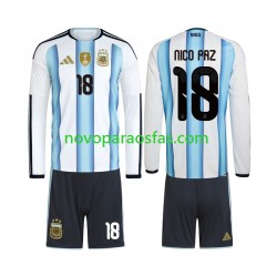 Camisolas Argentina Nico Paz 18 Criança Casa Copa do Mundo 2026 Manga Comprida