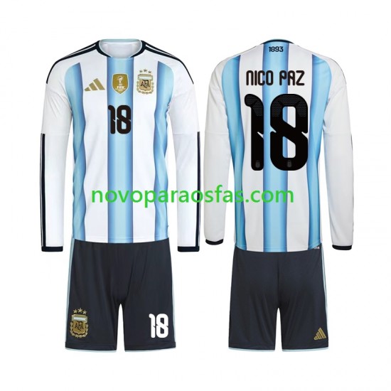 Camisolas Argentina Nico Paz 18 Criança Casa Copa do Mundo 2026 Manga Comprida
