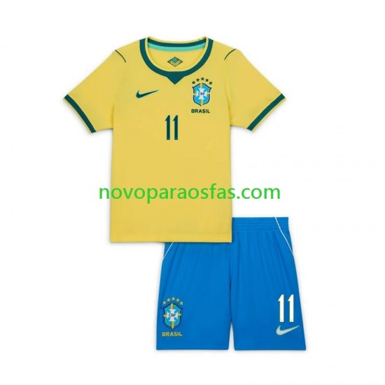 Camisolas Brasil Raphinha 11 Criança Casa Copa do Mundo 2026 Manga Curta