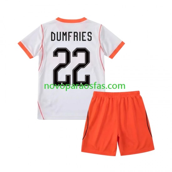 Camisolas Países Baixos Denzel Dumfries 22 Criança Visitante Copa do Mundo 2026 Manga Curta