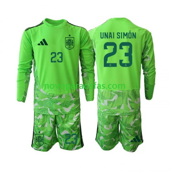 Camisolas Espanha Unai Simon 23 6th Green color Guarda-redes Criança Copa do Mundo 2026 Manga Comprida