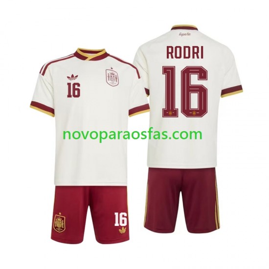 Camisolas Espanha Rodri 16 Criança Visitante Copa do Mundo 2026 Manga Curta