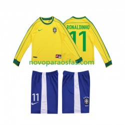 Camisolas Brasil RONALDINHO 11 Retro Criança Casa 1998 Manga Comprida
