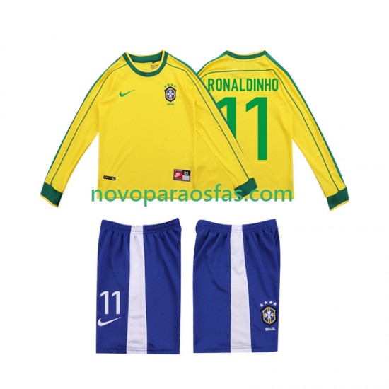Camisolas Brasil RONALDINHO 11 Retro Criança Casa 1998 Manga Comprida