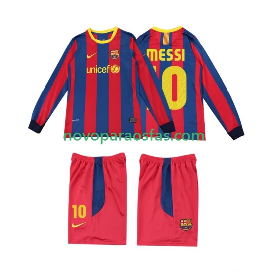 Camisolas FC Barcelona Lionel Messi 10 Retro Criança Casa 2011 2010 Manga Comprida