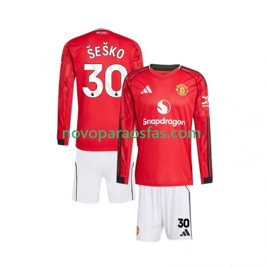 Camisolas Manchester United Benjamin Sesko 30 Criança Casa 2025-2026 Manga Comprida