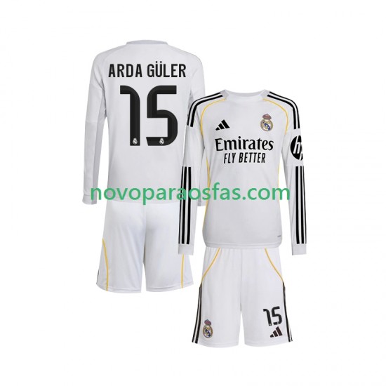 Camisolas Real Madrid Arda Guler 15 Criança Casa 2025-2026 Manga Comprida