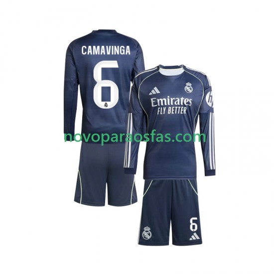 Camisolas Real Madrid Camavinga 6 Criança Visitante 2025-2026 Manga Comprida