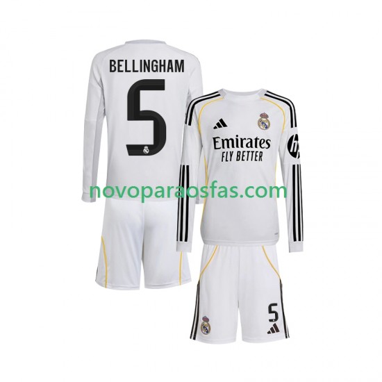 Camisolas Real Madrid Jude Bellingham 5 Criança Casa 2025-2026 Manga Comprida